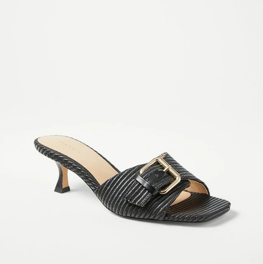 NEW Ann Taylor Black Gold Buckle Slide Kitten Heel Sandal Size 9.5